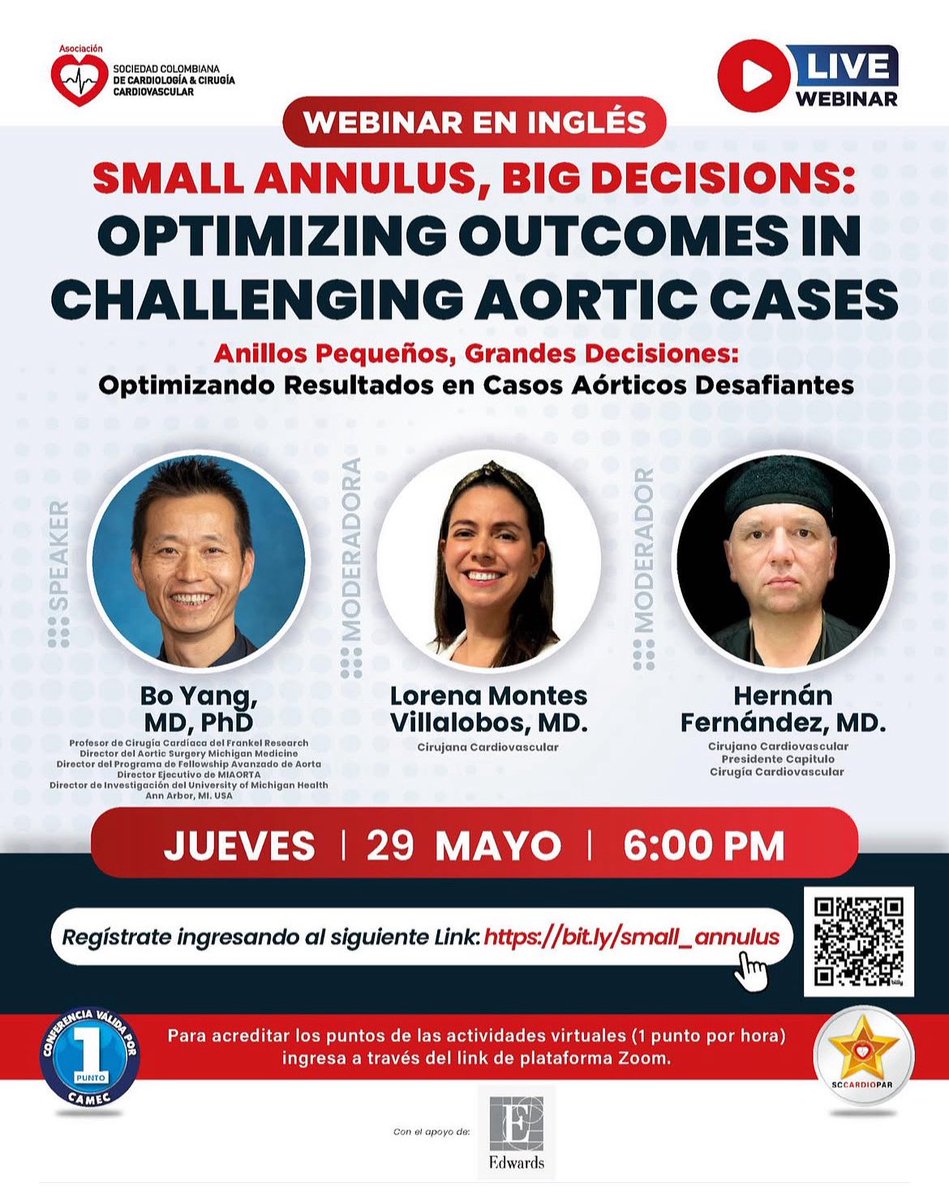 Lorena Montes (@loremontesvilla) on Twitter photo Today at 6 PM Colombian time: Dr Bo Yang will Guide us through small annulus and its solutions!
Hoy a las 6PM, la <a href="/sccccardio/">Sociedad Colombiana de Cardiología</a> presenta al Dr Bo Yang, quien nos guiará por los anillos aórticos pequeños y sus posibles soluciones!
Regístrate aquí 👇👇
us02web.zoom.us/webinar/regist… Today at 6 PM Colombian time: Dr Bo Yang will Guide us through small annulus and its solutions!
Hoy a las 6PM, la <a href="/sccccardio/">Sociedad Colombiana de Cardiología</a> presenta al Dr Bo Yang, quien nos guiará por los anillos aórticos pequeños y sus posibles soluciones!
Regístrate aquí 👇👇
us02web.zoom.us/webinar/regist…