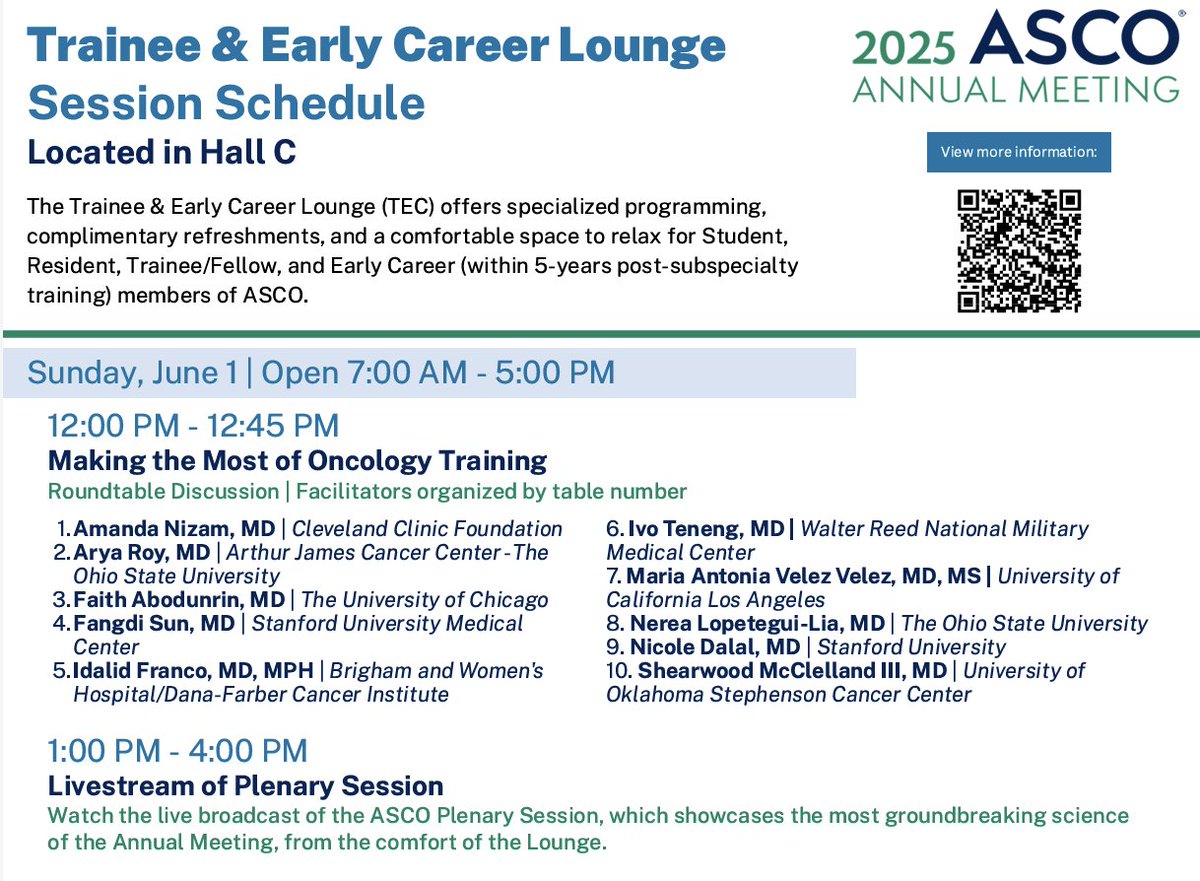 Fangdi Sun, MD (@fangdisun) on Twitter photo Join me, 🌟co-fellow Nicole Dalal, <a href="/MomaVelez11/">Maria Antonia Vélez</a> and others in the #ASCO25 Trainee & Early Career Lounge this weekend to discuss "Making the Most of Oncology Training"!
📅 Sunday, June 1
⏲️ Noon - 12:45 PM CST
📍TEC Lounge in Hall C
<a href="/ASCOTECAG/">ASCO TECAG</a> <a href="/ASCO/">ASCO</a> <a href="/StanfordMed/">Stanford Medicine</a> <a href="/StanfordCancer/">Stanford Cancer Institute</a> Join me, 🌟co-fellow Nicole Dalal, <a href="/MomaVelez11/">Maria Antonia Vélez</a> and others in the #ASCO25 Trainee & Early Career Lounge this weekend to discuss "Making the Most of Oncology Training"!
📅 Sunday, June 1
⏲️ Noon - 12:45 PM CST
📍TEC Lounge in Hall C
<a href="/ASCOTECAG/">ASCO TECAG</a> <a href="/ASCO/">ASCO</a> <a href="/StanfordMed/">Stanford Medicine</a> <a href="/StanfordCancer/">Stanford Cancer Institute</a>