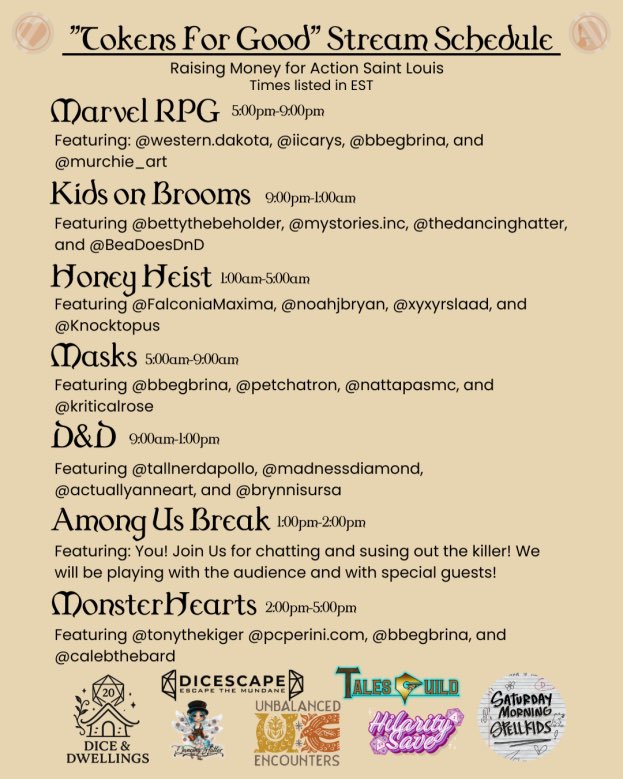Our schedule for tomorrow’s stream is up! Tune in for your fav games &amp; players at 5pm EST!

+ we’ll be pulling winners from our donor pool between games; so donate for a chance to win our variety of prizes!

Let’s roll for St. Louis!

#charity #stream #dnd #dnd5e #ttrpg