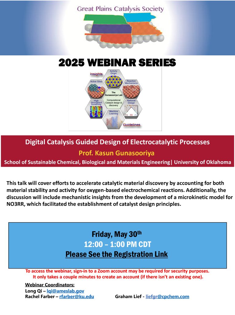 Great Plains Catalysis (@gpcatalysissoc) on Twitter photo Please join us for our next webinar by Dr. Kasun Gunasooriya of the University of Oklahoma, on May 30. If you are not a member but still want to join the webinar, use the following registration form:
greatplainscatalysis.org/webinars/upcom…
<a href="/Kasun_Kal/">Kasun Gunasooriya</a> <a href="/OU_CBME/">Oklahoma ChE</a> <a href="/ENGINEERINGatOU/">Engineering at OU</a> Please join us for our next webinar by Dr. Kasun Gunasooriya of the University of Oklahoma, on May 30. If you are not a member but still want to join the webinar, use the following registration form:
greatplainscatalysis.org/webinars/upcom…
<a href="/Kasun_Kal/">Kasun Gunasooriya</a> <a href="/OU_CBME/">Oklahoma ChE</a> <a href="/ENGINEERINGatOU/">Engineering at OU</a>