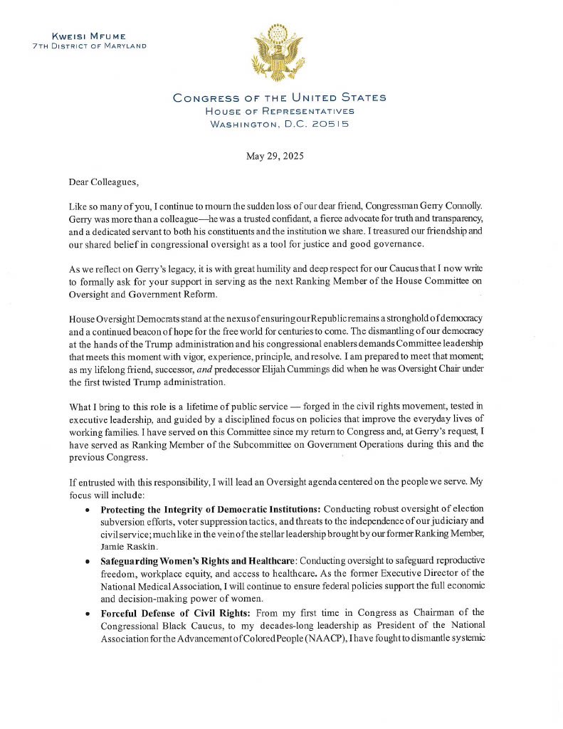 RepKweisiMfume's tweet image. 🚨 | UPDATE

Today, I formally announced my candidacy for Ranking Member of the U.S. House Committee on Oversight and Government Reform.
 
Read my full &quot;Dear Colleague&quot; letter to House #Democrats announcing my bid below 👇🏾