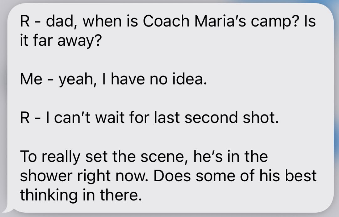 1. Last second shot is my favorite part of camp, too!
2. I need Robbie’s dad to lock in - camp is right around the corner! 
3. Doesn’t matter where or when or the fact that he’s 8 years old - the point is - he is pumped for camp!