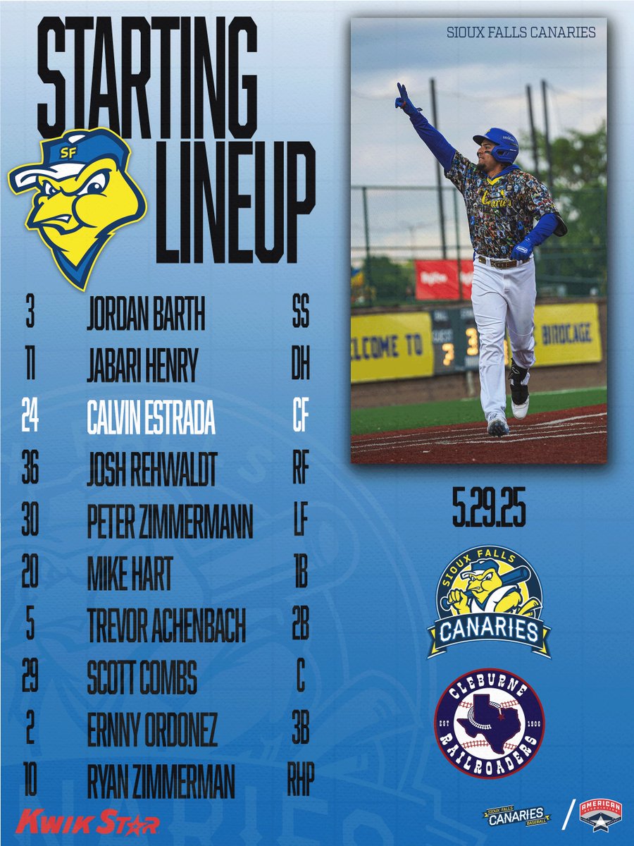 Sioux Falls Canaries (@canaries) on Twitter photo Lineups for today 👀
🆚<a href="/CRRBaseball/">Cleburne Railroaders</a>
⏰ 6:35 PM CT
📍 The Birdcage
📺: aabaseball.tv
🎟️: tickets.sfcanaries.com
#GoBirds Lineups for today 👀
🆚<a href="/CRRBaseball/">Cleburne Railroaders</a>
⏰ 6:35 PM CT
📍 The Birdcage
📺: aabaseball.tv
🎟️: tickets.sfcanaries.com
#GoBirds