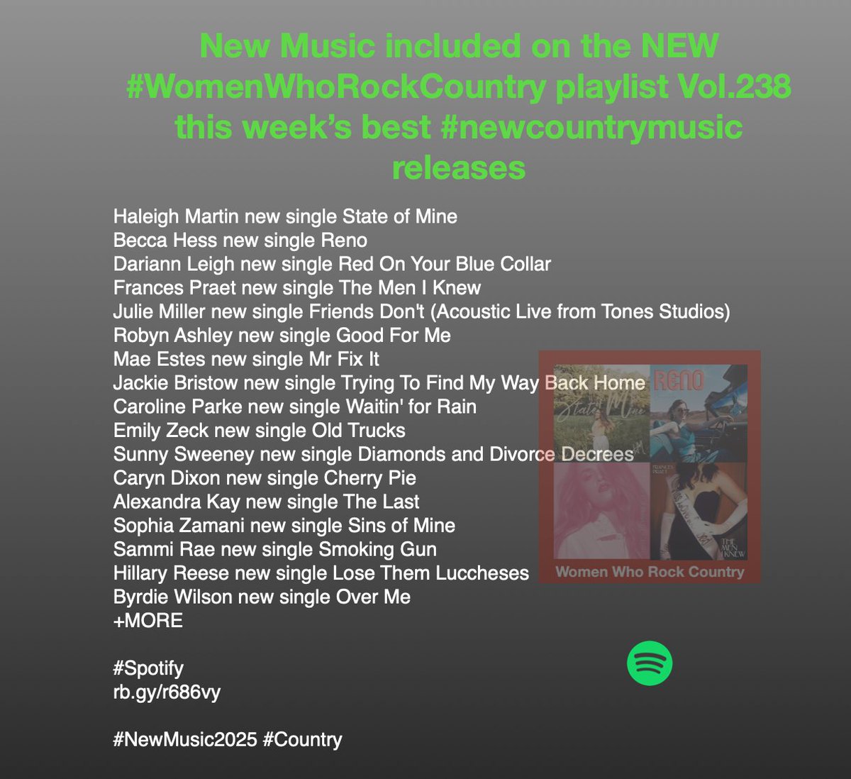 Scott Kash (@scottkash88) on Twitter photo New Music included on the NEW #WomenWhoRockCountry playlist Vol.238 this week’s best #newcountrymusic releases
<a href="/maekestes/">Mae Estes</a>
<a href="/jackiebristow/">jackie bristow</a>
<a href="/carolinerparke/">CarolineParkeSongwriter🎻🎵🌻</a>
<a href="/GettinSweenered/">SUNNY SWEENEY</a>
<a href="/caryndixonmusic/">Caryn Dixon</a>
<a href="/_alexandrakay/">Alexandra Kay</a>
<a href="/SophiaZamani/">Sophia Zamani</a>
<a href="/sammiraemusic/">Sammi Rae</a>
<a href="/hillary_reese/">Hillary Reese</a>
#NewMusic2025 #Country New Music included on the NEW #WomenWhoRockCountry playlist Vol.238 this week’s best #newcountrymusic releases
<a href="/maekestes/">Mae Estes</a>
<a href="/jackiebristow/">jackie bristow</a>
<a href="/carolinerparke/">CarolineParkeSongwriter🎻🎵🌻</a>
<a href="/GettinSweenered/">SUNNY SWEENEY</a>
<a href="/caryndixonmusic/">Caryn Dixon</a>
<a href="/_alexandrakay/">Alexandra Kay</a>
<a href="/SophiaZamani/">Sophia Zamani</a>
<a href="/sammiraemusic/">Sammi Rae</a>
<a href="/hillary_reese/">Hillary Reese</a>
#NewMusic2025 #Country