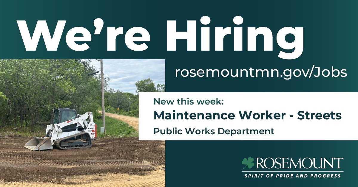 We're hiring! Help keep Rosemount moving—join our Public Works team as a Street Maintenance Worker. From snow removal to street repairs, make a difference every season. First review of applications begins June 13. Apply now: bit.ly/3ZG9Njj