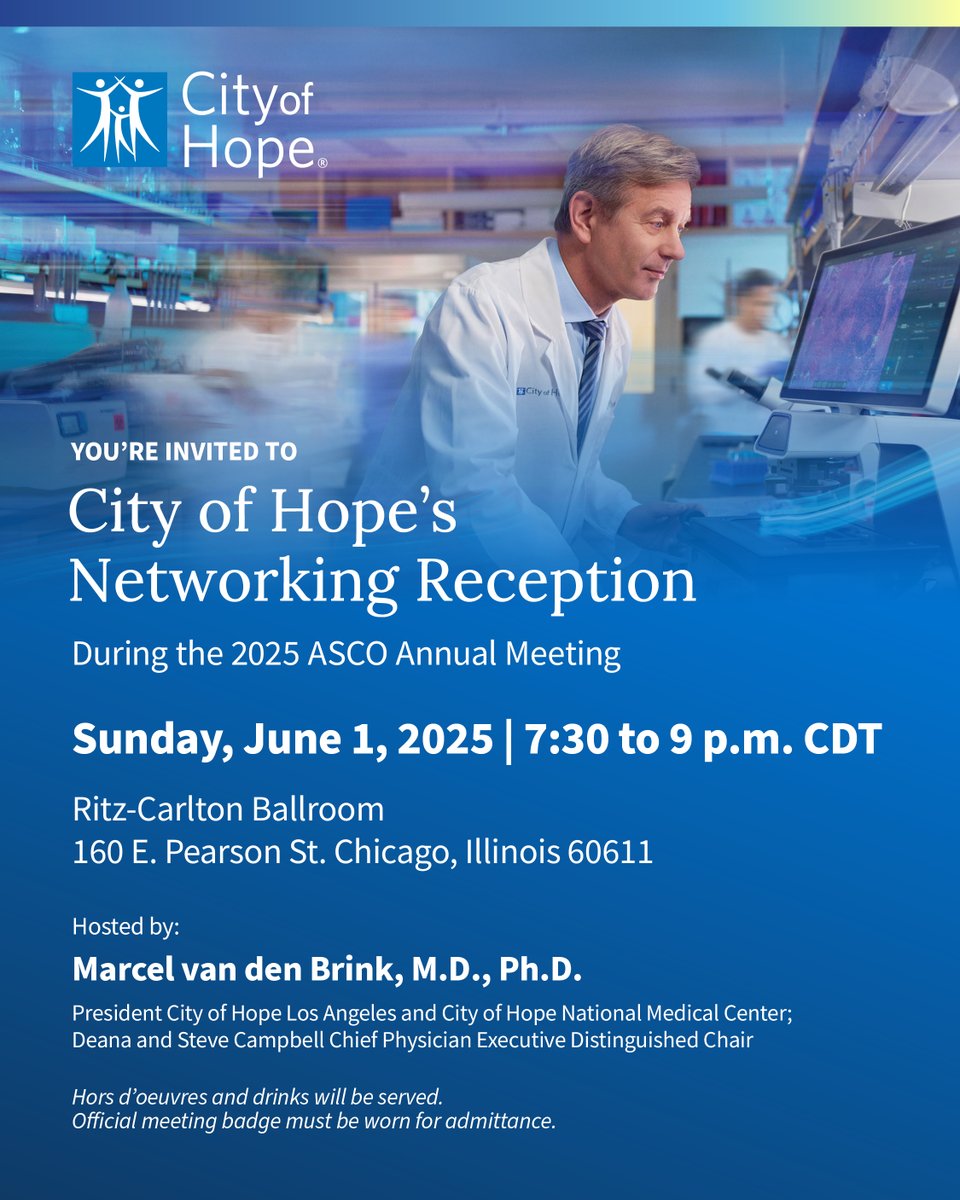 City of Hope (@cityofhope) on Twitter photo Join City of Hope and <a href="/DrMvandenBrink/">Marcel van den Brink</a> for an evening of connection and conversation during #ASCO25! Submit your R.S.V.P. to cme@coh.org. Join City of Hope and <a href="/DrMvandenBrink/">Marcel van den Brink</a> for an evening of connection and conversation during #ASCO25! Submit your R.S.V.P. to cme@coh.org.