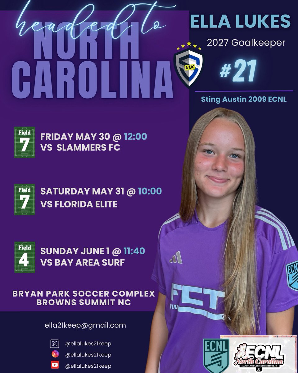 EllaLukes21 (@ellalukes21keep) on Twitter photo This weekend! Excited to play at the ECNL North Carolina Showcase!
<a href="/stingatx_2009/">Sting Austin ECNL 2009</a>
<a href="/TheSoccerWire/">SoccerWire</a>
<a href="/PrepSoccer/">Prep Soccer ⚽️</a>
<a href="/ImCollegeSoccer/">College Soccer Truth ™</a>
<a href="/TopDrawerSoccer/">TopDrawerSoccer</a>
<a href="/ImYouthSoccer/">ECNL/GA/Recruiting/College Soccer</a>
<a href="/ECNLgirls/">ECNL Girls</a> This weekend! Excited to play at the ECNL North Carolina Showcase!
<a href="/stingatx_2009/">Sting Austin ECNL 2009</a>
<a href="/TheSoccerWire/">SoccerWire</a>
<a href="/PrepSoccer/">Prep Soccer ⚽️</a>
<a href="/ImCollegeSoccer/">College Soccer Truth ™</a>
<a href="/TopDrawerSoccer/">TopDrawerSoccer</a>
<a href="/ImYouthSoccer/">ECNL/GA/Recruiting/College Soccer</a>
<a href="/ECNLgirls/">ECNL Girls</a>