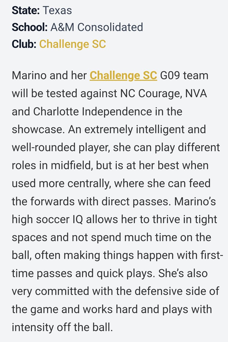 Molly Marino (@molly_marino09) on Twitter photo Thank you to <a href="/PrepSoccerTX/">Prep Soccer Texas</a> and <a href="/grtorres/">Guilherme Torres</a> for including me in the article on #ECNLNC midfielders to follow! Ready to take the field tomorrow with my <a href="/Challenge09ECNL/">Challenge 09 ECNL</a> teammates! ⚽️💯 Thank you to <a href="/PrepSoccerTX/">Prep Soccer Texas</a> and <a href="/grtorres/">Guilherme Torres</a> for including me in the article on #ECNLNC midfielders to follow! Ready to take the field tomorrow with my <a href="/Challenge09ECNL/">Challenge 09 ECNL</a> teammates! ⚽️💯