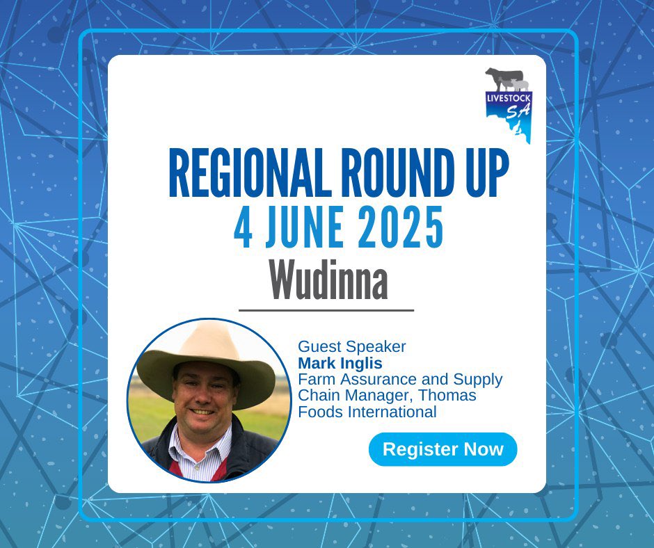 You're invited: Livestock SA Regional Round Up – Wudinna

🕕 6pm – 9pm
📍 43 Medley Terrace, Wudinna SA
💵 FREE – Dinner included

📅 RSVP by 28 May to secure your seat
🔗 Register here: buff.ly/IOytKoN