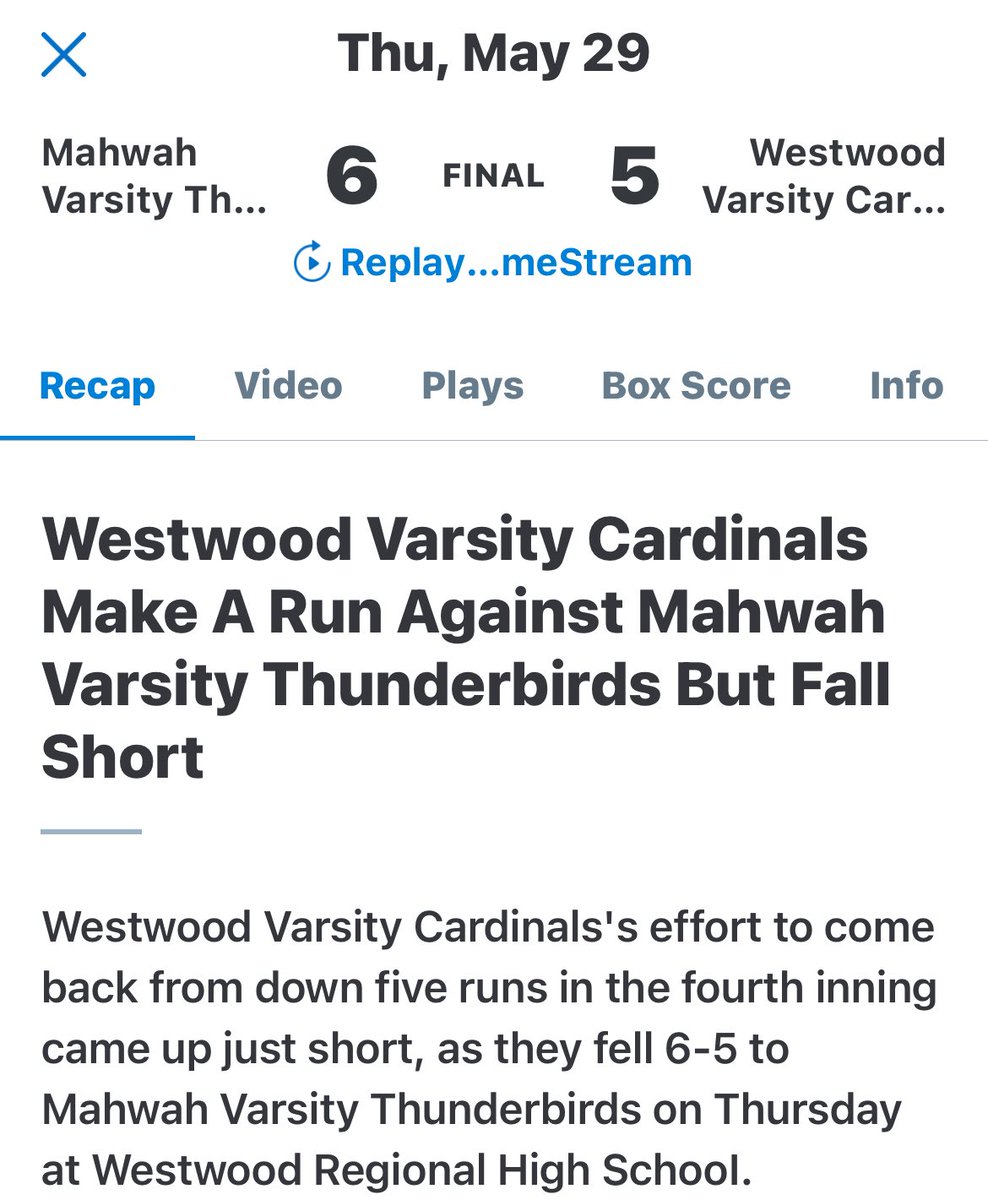 Brian Carr-North Jersey HS “Football Show" (@bcarrnjsports1) on Twitter photo Final N1G2 Qtr <a href="/NJSIAA/">NJSIAA</a>
<a href="/MHSBaseball15/">MahwahBaseballNJ</a> #5 holds on for 6-5 win over <a href="/WWcardinalsBB/">Westwood Regional Baseball Program</a> #4
TBirds will play w/o Jefferson #9 & PV #1 game postponed til tomorrow
<a href="/NJScom/">NorthJerseySports</a> <a href="/Chattermeister/">Steven Tober</a>
<a href="/WCTVNJ/">WCTV</a> Final N1G2 Qtr <a href="/NJSIAA/">NJSIAA</a>
<a href="/MHSBaseball15/">MahwahBaseballNJ</a> #5 holds on for 6-5 win over <a href="/WWcardinalsBB/">Westwood Regional Baseball Program</a> #4
TBirds will play w/o Jefferson #9 & PV #1 game postponed til tomorrow
<a href="/NJScom/">NorthJerseySports</a> <a href="/Chattermeister/">Steven Tober</a>
<a href="/WCTVNJ/">WCTV</a>