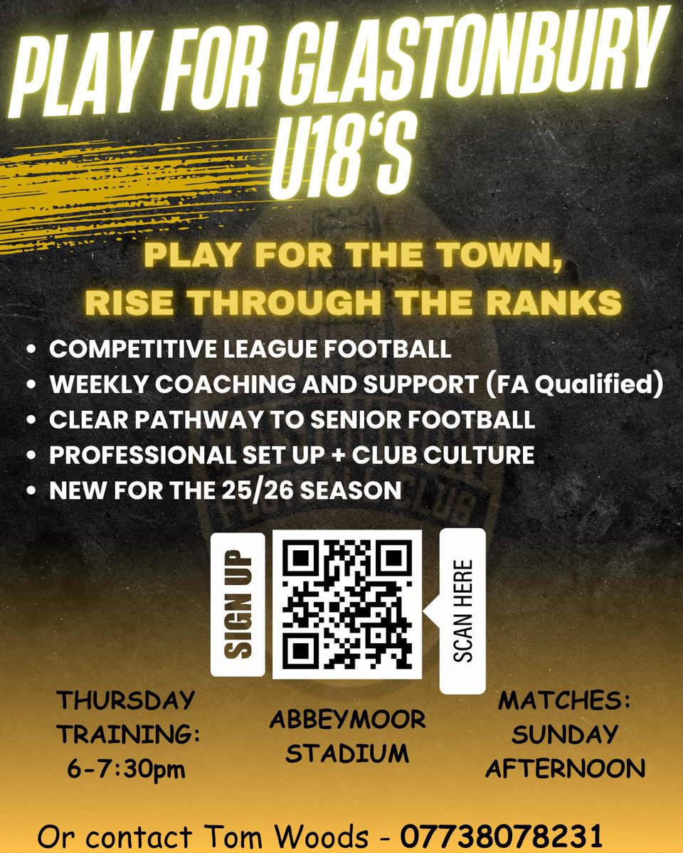 PLAY FOR GLASTONBURY FC U18

Represent the Town. Rise Through the Ranks.

🟠Competitive League Football
⚫️Weekly Coaching &amp; Support
🟠Clear Progression to Senior Football

📲 Year 11’s, 12’s &amp;13’s- Register your interest now: 

tinyurl.com/4nuums76 

#UpTheDollies🟠⚫️