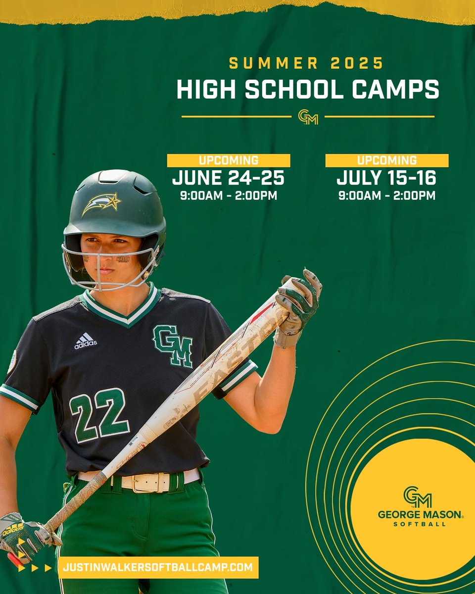 MasonSoftball's tweet image. 🔥 Summer Camp is almost here at George Mason University! 🔥
Ready to train hard, compete, and show off your skills?
Join us for high-level coaching and a chance to take your game to the next level. 💪🥎
📍 George Mason University
🔗 justinwalkersoftballcamp.com