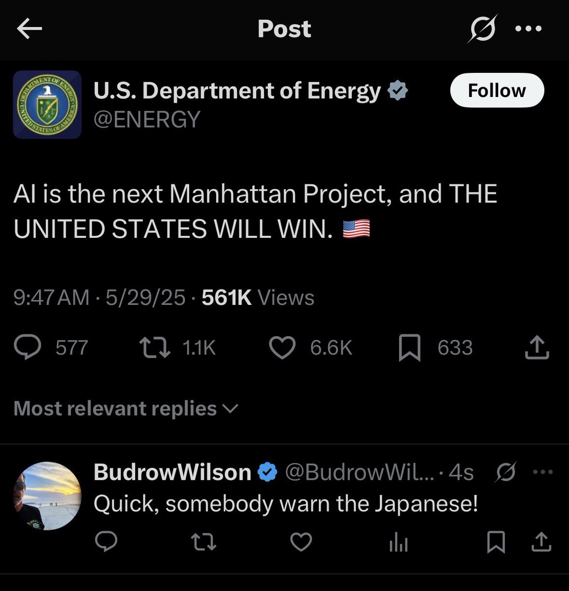 Just posted my favorite reply ever.