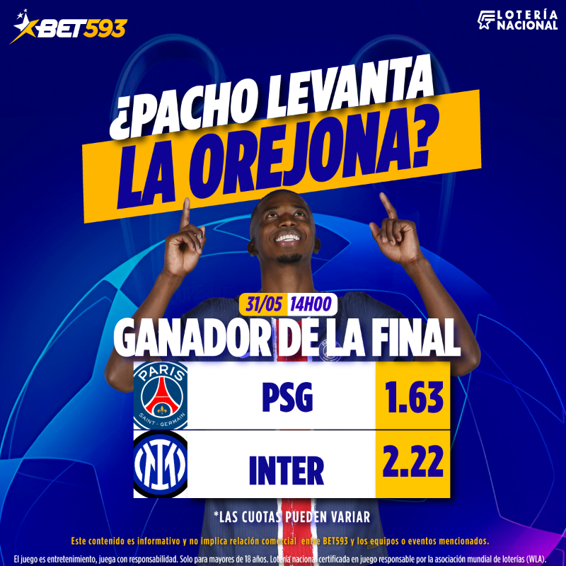 bet593's tweet photo. ¿PACHO SE CONVIERTE EN HISTORIA? 🙌 El ecuatoriano podría ser el primero de nuestro país en levantar el trofeo de la Champions League si el PSG derrota al Inter 🤞

¿Tú estás listo para ganar muuucho 💵🫰  con las mejores cuotas del mercado? ¡Hazlo ya!

#Bet593 #GanoConBet593
