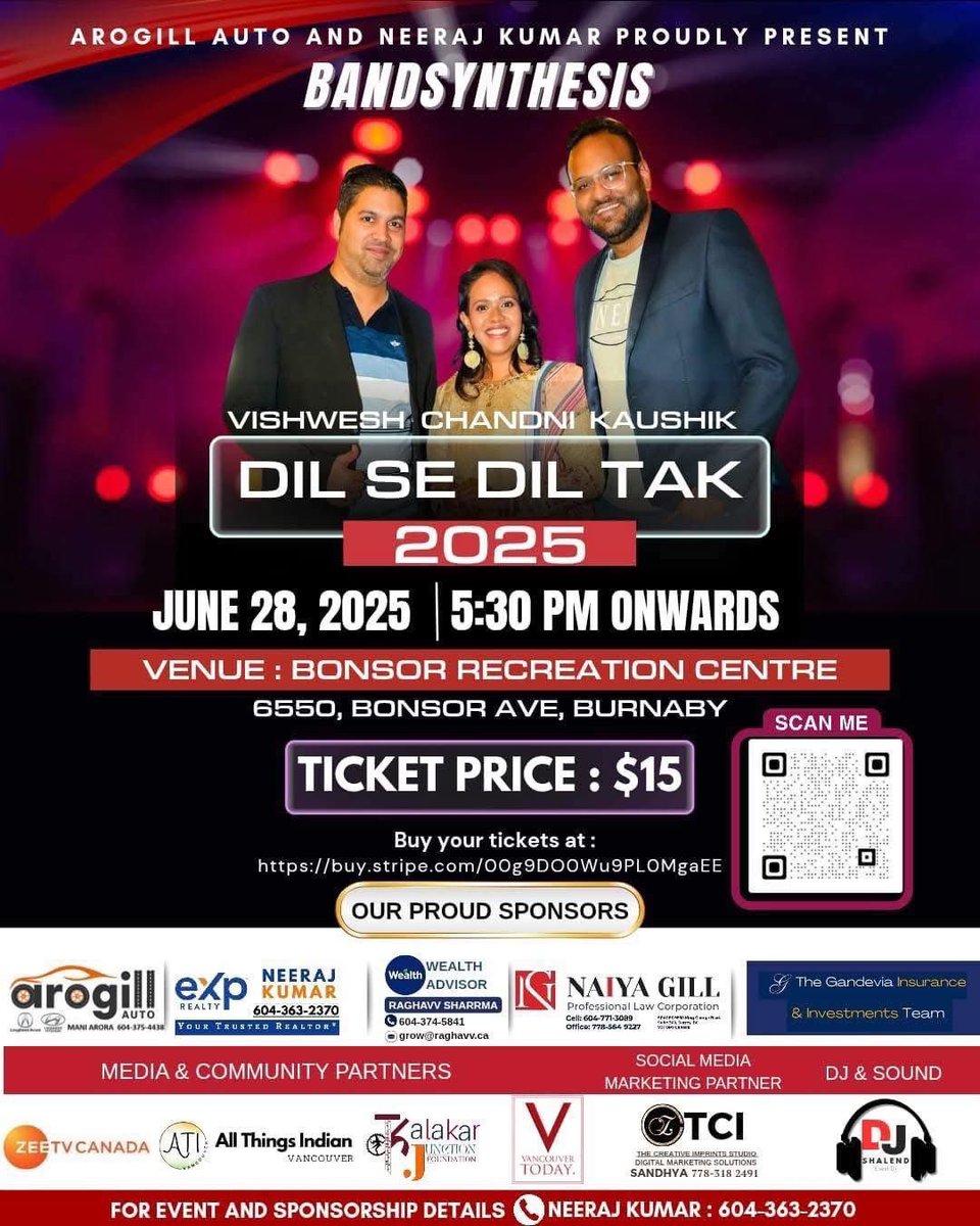 🎶 Dil Se Dil Tak 2025 by Band Synthesis is back!

An unforgettable night of Bollywood hits, live music &amp; pure nostalgia! 💃🕺

📅 June 28, 2025 | 📍6550 Bonsor Ave, Burnaby
🎟️ Tickets &amp; details: ativancouver.ca/event/dil-se-d…
.
#BollywoodNight #LiveMusic #Bollywood #Vancouver #Events