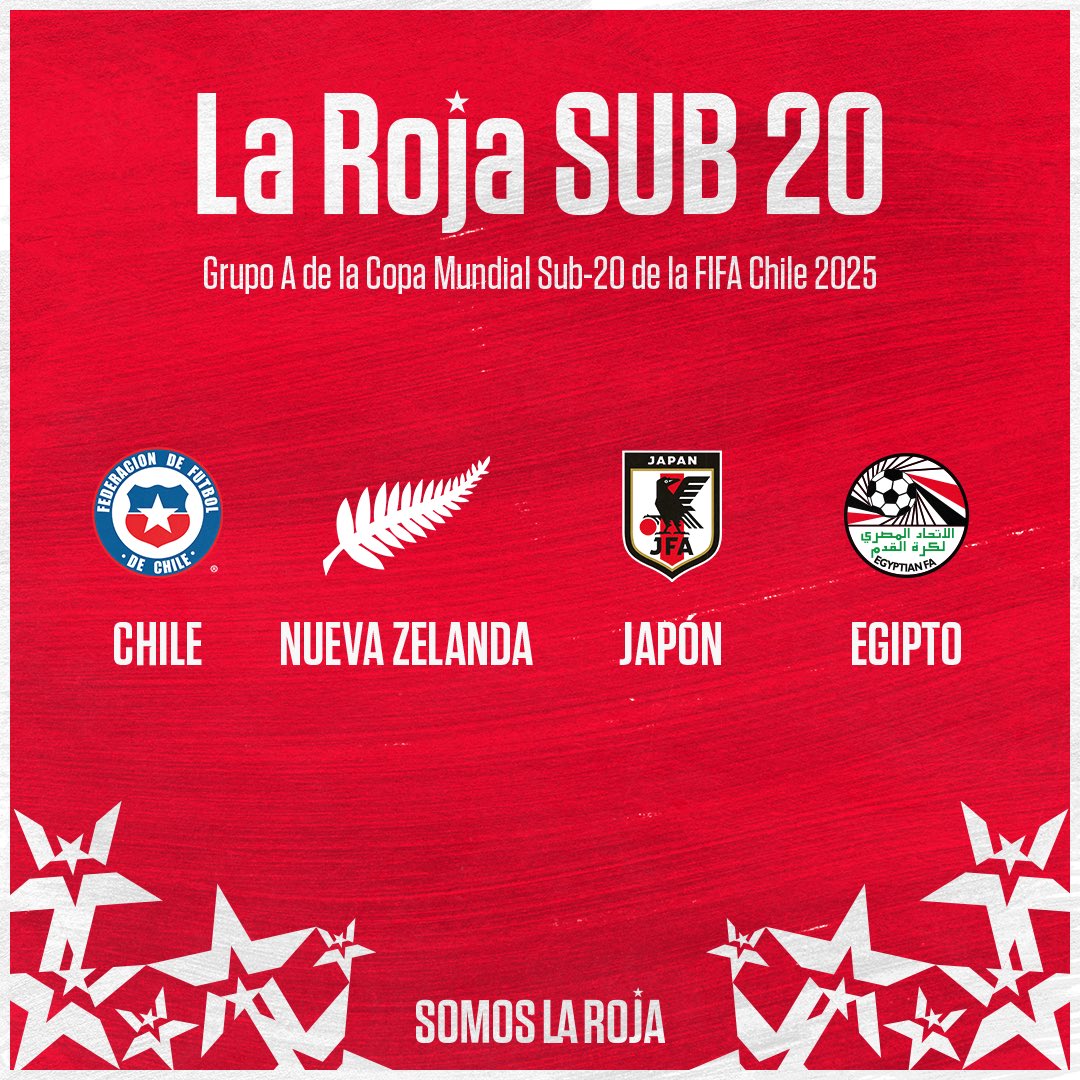LaRoja's tweet photo. Grupo confirmado para la Copa Mundial de la FIFA Sub-20 Chile 2025 ✔️🏆

#LaRoja 🇨🇱 Sub-20 será parte del Grupo A, en el cual competirá ante Nueva Zelanda 🇳🇿, Japón 🇯🇵 y Egipto 🇪🇬. 

#VamosLaRojaSub20
#SiempreConLaRoja https://t.co/YF9jjfSM5W