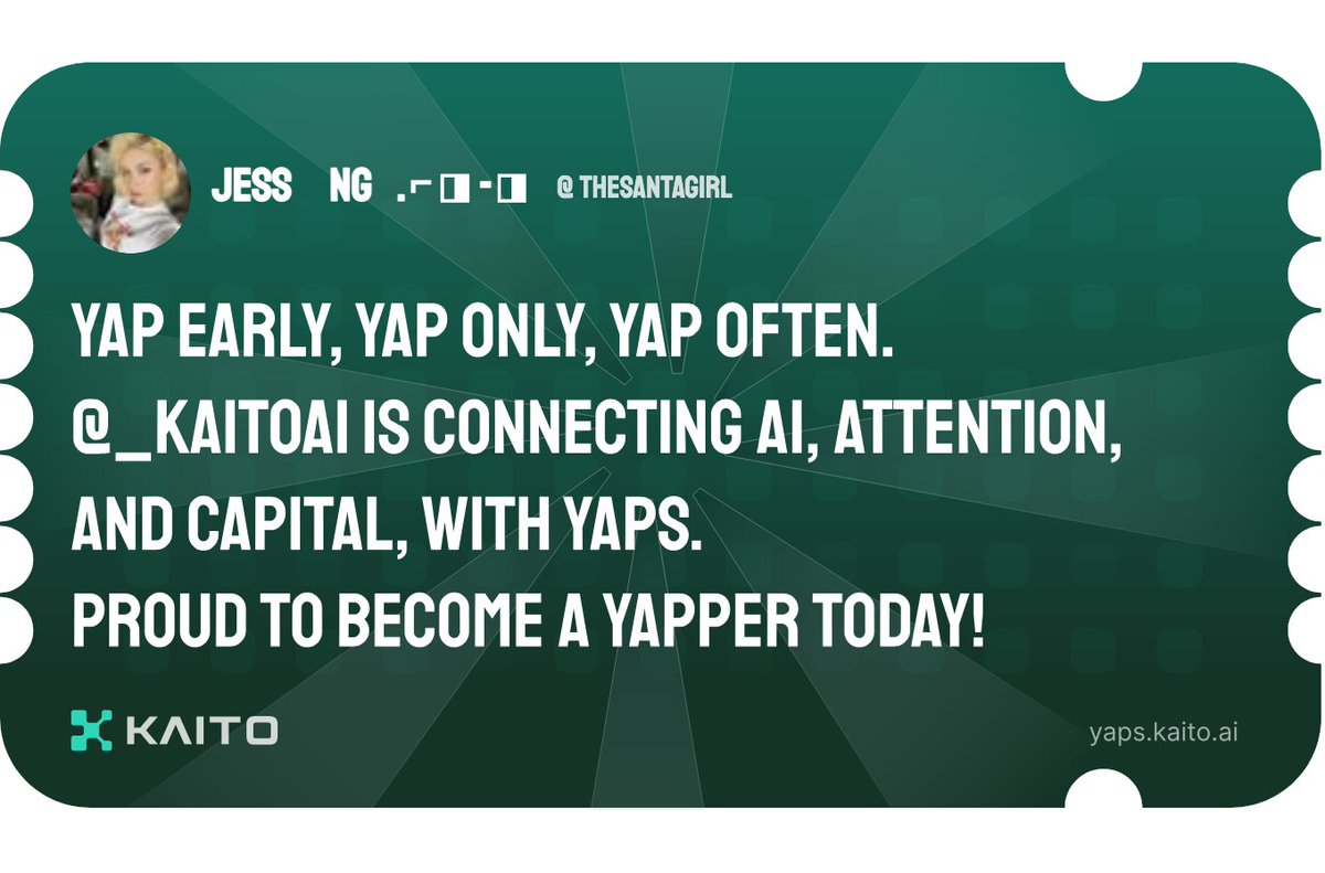 Jess Ng .⌐◨-◨ 🔆 (@thesantagirl) on Twitter photo Yap early, yap only, yap often.
<a href="/KaitoAI/">Kaito AI 🌊</a> is connecting AI, attention and capital with Yaps.
Just claimed my social card and I'm accumulating Yap points in real-time.
Claim yours 👉 yaps.kaito.ai/referral/13881… Yap early, yap only, yap often.
<a href="/KaitoAI/">Kaito AI 🌊</a> is connecting AI, attention and capital with Yaps.
Just claimed my social card and I'm accumulating Yap points in real-time.
Claim yours 👉 yaps.kaito.ai/referral/13881…