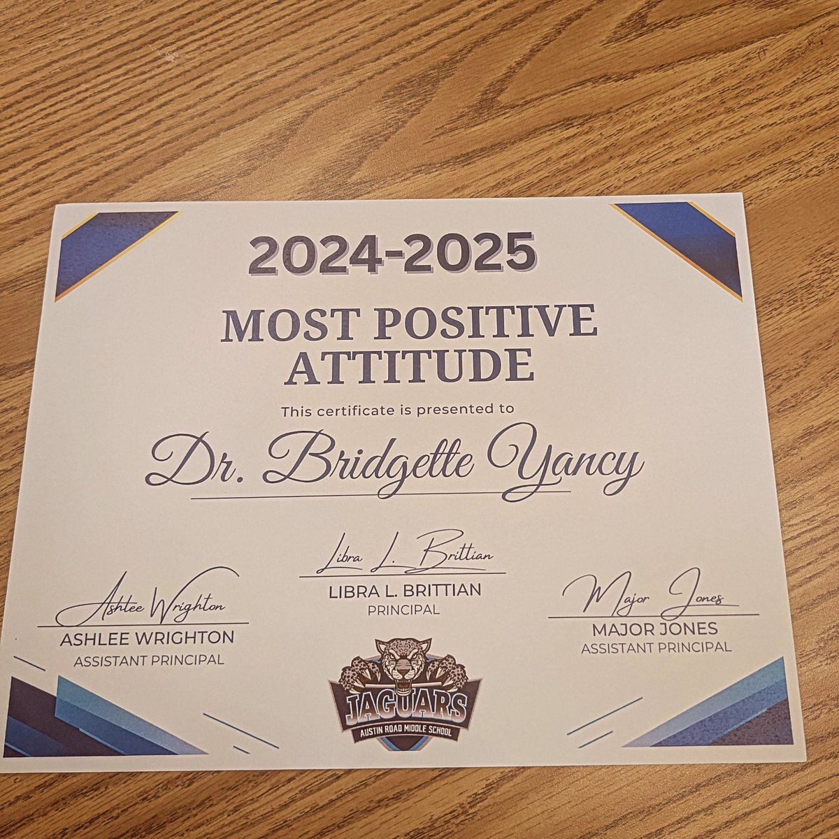 So grateful to be recognized by the administrators <a href="/LibraLBrittian/">Libra L. Brittian</a> <a href="/MajorJones_/">Major Jones, Ed. S</a> and Mrs. Ashlee Wrighton for being the teacher with the most positive attitude for this school year! I'm grateful to teach under your leadership and to work with a dynamic faculty &amp; staff! 💙🤍