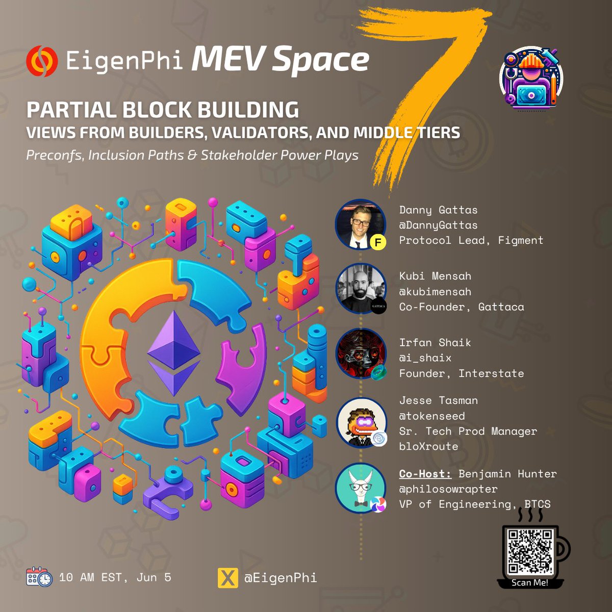 EigenPhi HQ 🎯 Wisdom of DeFi (🔭, 🎙) 🦇🔊 (@eigenphi) on Twitter photo ⏰ Mark your calendar and dive deep with industry heavyweights to answer: What's the real deal with Partial Block Building?
🎙️ Expert panel:
- <a href="/DannyGattas/">Gattman</a> (<a href="/Figment_io/">Figment</a>)
- <a href="/kubimensah/">Kubi Mensah</a> (<a href="/gattacahq/">Gattaca</a>)
- <a href="/i_shaix/">ishx | interstate.so 🇺🇸</a> (<a href="/interstatefdn/">Interstate.eth</a>)
- <a href="/tokenseed/">imowagmi.eth 🦇🔊🐼</a> (@bloXroute)
Co-hosted by ⏰ Mark your calendar and dive deep with industry heavyweights to answer: What's the real deal with Partial Block Building?
🎙️ Expert panel:
- <a href="/DannyGattas/">Gattman</a> (<a href="/Figment_io/">Figment</a>)
- <a href="/kubimensah/">Kubi Mensah</a> (<a href="/gattacahq/">Gattaca</a>)
- <a href="/i_shaix/">ishx | interstate.so 🇺🇸</a> (<a href="/interstatefdn/">Interstate.eth</a>)
- <a href="/tokenseed/">imowagmi.eth 🦇🔊🐼</a> (@bloXroute)
Co-hosted by