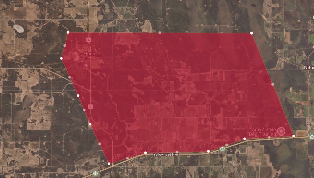 This is an Alberta Emergency Alert. Yellowhead County has issued a Wildfire Alert. This is an evacuation order for Peers and areas east.

This alert is in effect for Peers and area.

An evacuation order is in place. There is a wildfire heading eastward from 1 km south of Peers.