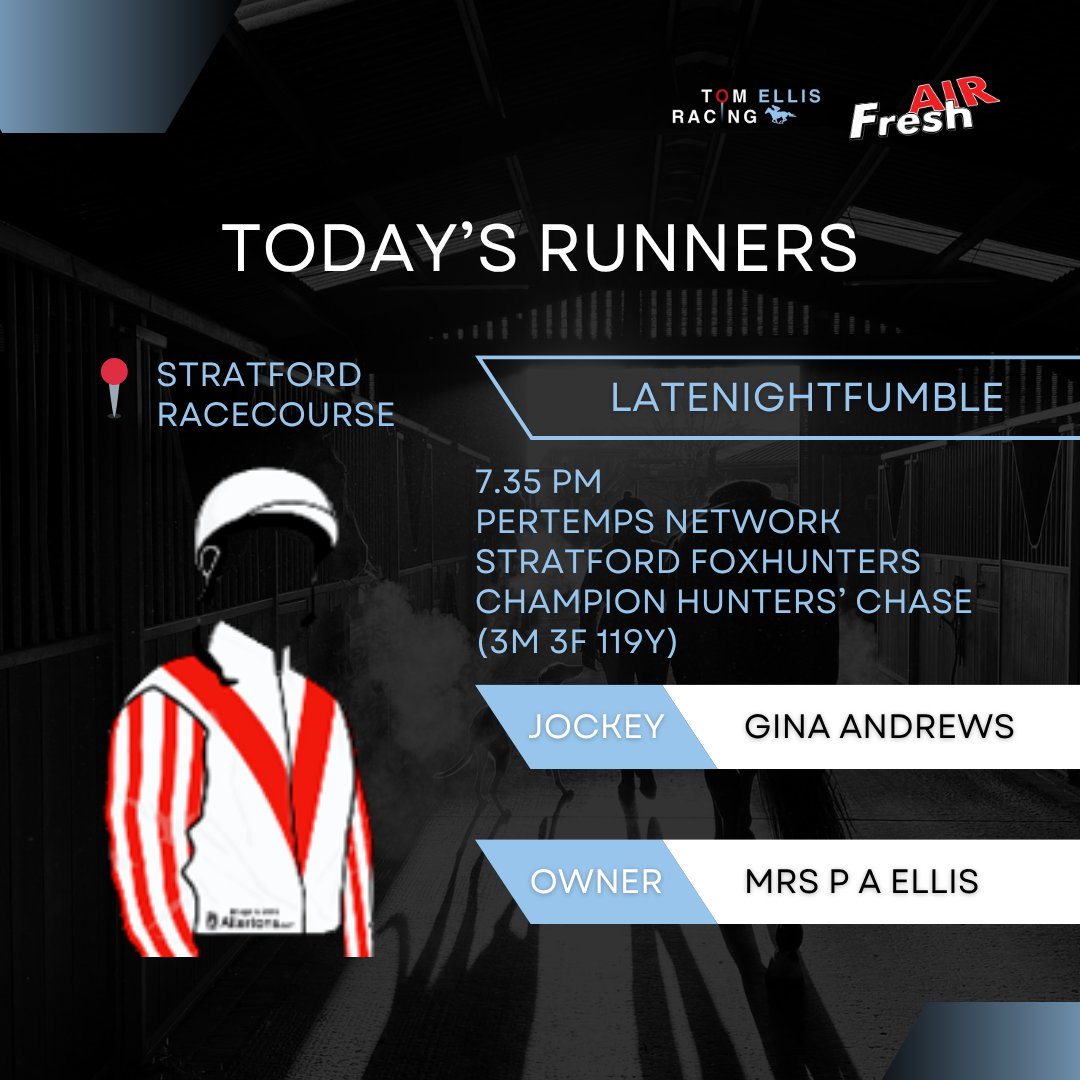 Tom Ellis Racing (@tomellisracing) on Twitter photo 3 runners <a href="/stratfordraces/">Stratford Racecourse</a> today ๐
All 3 will be ridden by <a href="/ginaandrews19/">Gina</a>.
<a href="/FreshAirLtd/">Fresh Air Ltd</a> <a href="/HarleyEquest/">Harley Equestrian</a> <a href="/BestResHitchin/">Best Residential</a>
#horseracing #nhracing #racehorses #runners 3 runners <a href="/stratfordraces/">Stratford Racecourse</a> today ๐
All 3 will be ridden by <a href="/ginaandrews19/">Gina</a>.
<a href="/FreshAirLtd/">Fresh Air Ltd</a> <a href="/HarleyEquest/">Harley Equestrian</a> <a href="/BestResHitchin/">Best Residential</a>
#horseracing #nhracing #racehorses #runners