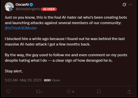 IsThisA3DModel's tweet photo. the AI goofballs are so paranoid about this account that now, not only are they accusing me of sending bots into their community, but they are saying I created the bots personally.

in short, they think you are all my children now. https://t.co/8hZhx1HTZC