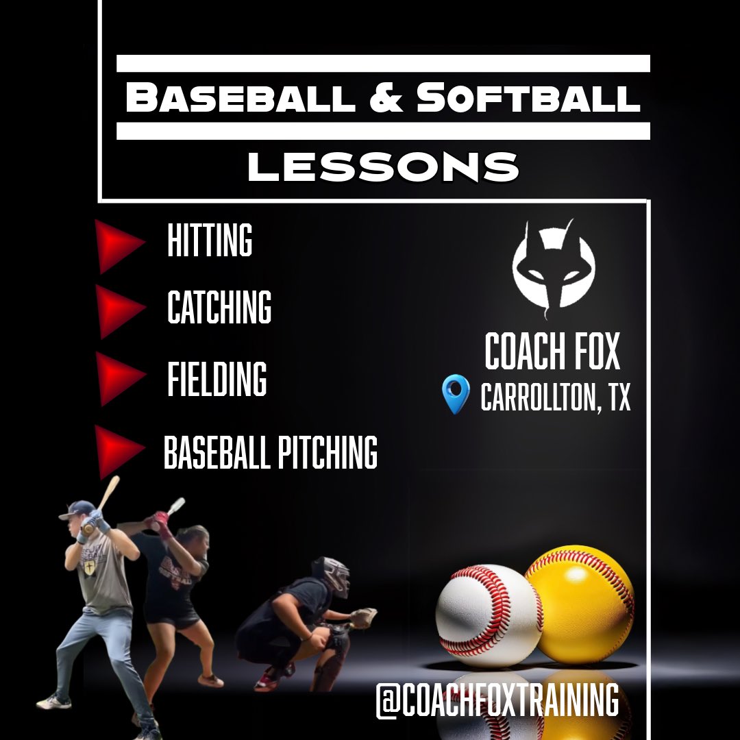 CoachFoxTexas's tweet image. ⚾️ Baseball &amp;amp; 🥎 Softball Lessons‼️

📌 Hitting 
📌 Catching
📌 Fielding
📌 Throwing Mechanics
📌 Pitching (Baseball Only)

🌎 Carrollton, TX- Texas Cannons Facility

Lessons Link ⬇️
texascannonsbb.com/lessons/

Feel free to DM with any questions❗️

#baseballlessons #softballlessons…