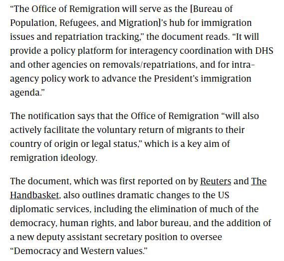🚨In a move likely intended to cause public outrage, Sec. Rubio is proposing eliminating the refugee and migration division at the State Department and replacing it with an "Office of Remigration" — a term closely associated with the European far right and ethnic cleansing.