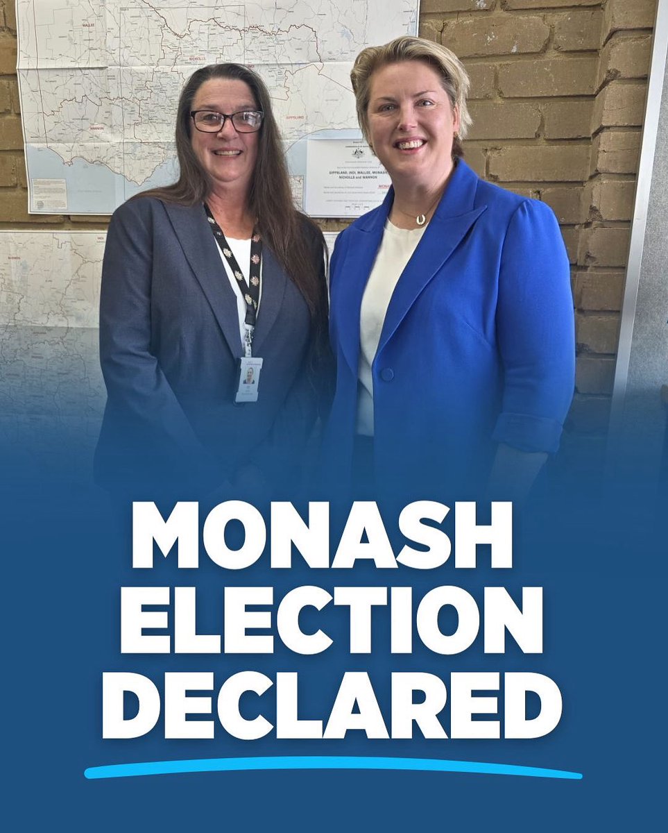 The Federal Division of Monash has been formally declared today. 

I express my appreciation to the AEC staff for conducting a fair &amp; thorough process, and acknowledge each candidate who put themselves forward.

To the people of Monash: I can’t wait to get to work on your behalf!