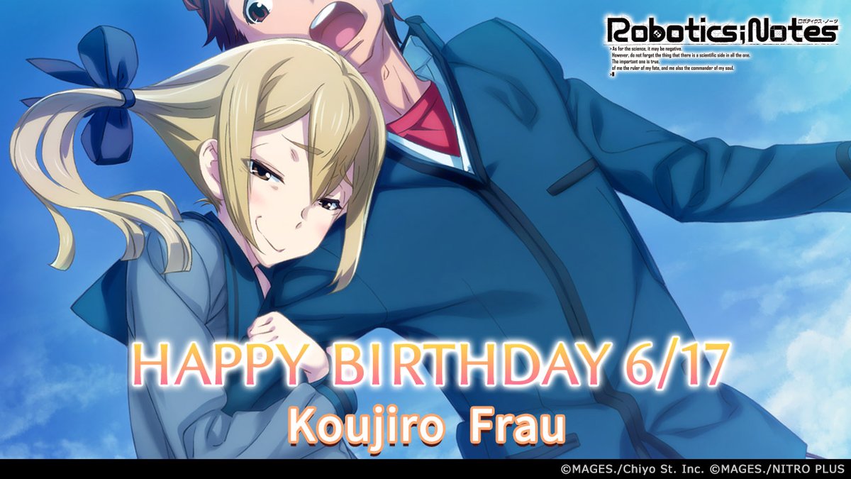🎉━━━━━━━━━━━━🎊

　　🎂HAPPY BIRTHDAY🎂 

🎊━━━━━━━━━━━━🎉

今日6月17日は……
『ROBOTICS;NOTES』シリーズに登場する
 #神代フラウ (CV:#名塚佳織)の誕生日です🎉
お誕生日おめでとう✨

#ロボティクス・ノーツ
#ロボノ
#ロボノダッシュ

roboticsnotes.jp