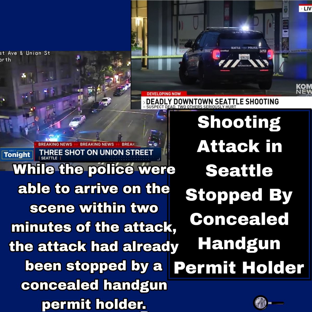 On May 28, at about 10:00 p.m., patrol officers responded to reports of gunfire near 1st Avenue and Union Street. Officers arrived and found three people with gunshot wounds. Police provided medical treatment to the injured parties until they were relieved by the Seattle Fire