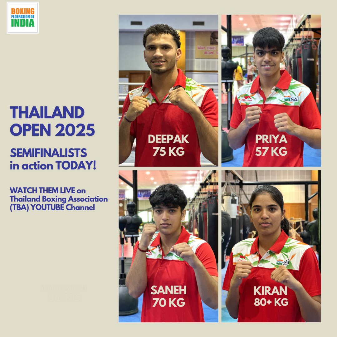 🥊 Semifinal Showdown! 🇮🇳

FOUR Indians are in action at the #ThailandOpen2025 today!

Deepak, Priya, Saneh, &amp; Kiran — all gunning for a spot in the final! 🔥👊

📺 Watch LIVE on the TBA YouTube channel 12:30 PM onwards.

#BFI #PunchMeinHaiDum