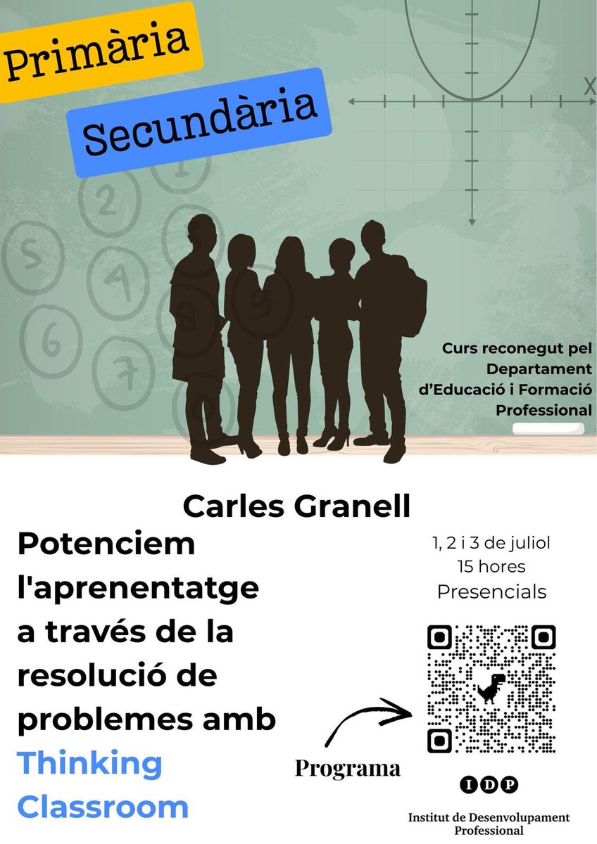 Curs de formació “Potenciem l’aprenentatge a través de la resolució de problemes amb Thinking Classroom” organitzat per <a href="/idp_iceub/">idp-ub</a> 

📆 1, 2 i 3 de juliol
📍 Campus Mundet
👥 Docents de primària i secundària

🔗 Inscripcions a ub.edu/idp/web/ca/cur…