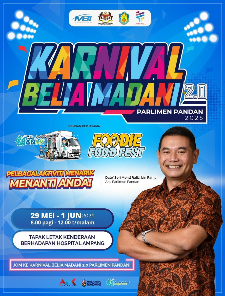 𝗝𝗘𝗠𝗣𝗨𝗧𝗔𝗡 𝗞𝗘 𝗞𝗔𝗥𝗡𝗜𝗩𝗔𝗟 𝗕𝗘𝗟𝗜𝗔 𝗠𝗔𝗗𝗔𝗡𝗜 𝟮.𝗢, 𝟮𝟵 𝗠𝗘𝗜 - 𝟭 𝗝𝗨𝗡 𝟮𝟬𝟮𝟱

Pusat Khidmat Rakyat Parlimen Pandan dan rakan-rakan NGO sedang menganjurkan Karnival Belia Madani 2.0. Karnival ini telah bermula semalam dan akan berlangsung sehingga Ahad, 1
