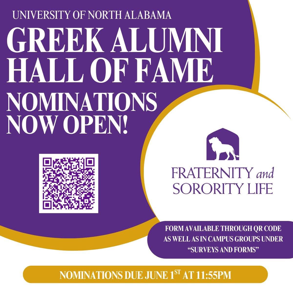 REMINDER: Just a couple more days until nominations for the 2025 Greek Alumni Hall of Fame close! 

Scan the QR code or use the link below to submit your nomination before the deadline on Sunday, June 1st at 11:55pm!

cglink.me/2sy/s419
