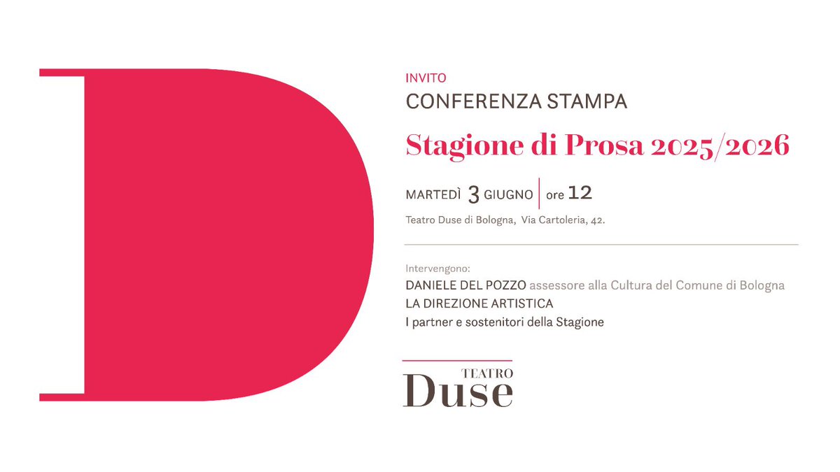 #duse2526 Siamo lieti di invitarvi alla conferenza stampa della nuova Stagione di Prosa che si terrà martedì 3 giugno 2025 alle ore 12

Un’occasione per scoprire in anteprima i protagonisti, gli spettacoli e gli eventi abbonamento

➡️ teatroduse.it/presentazione-…