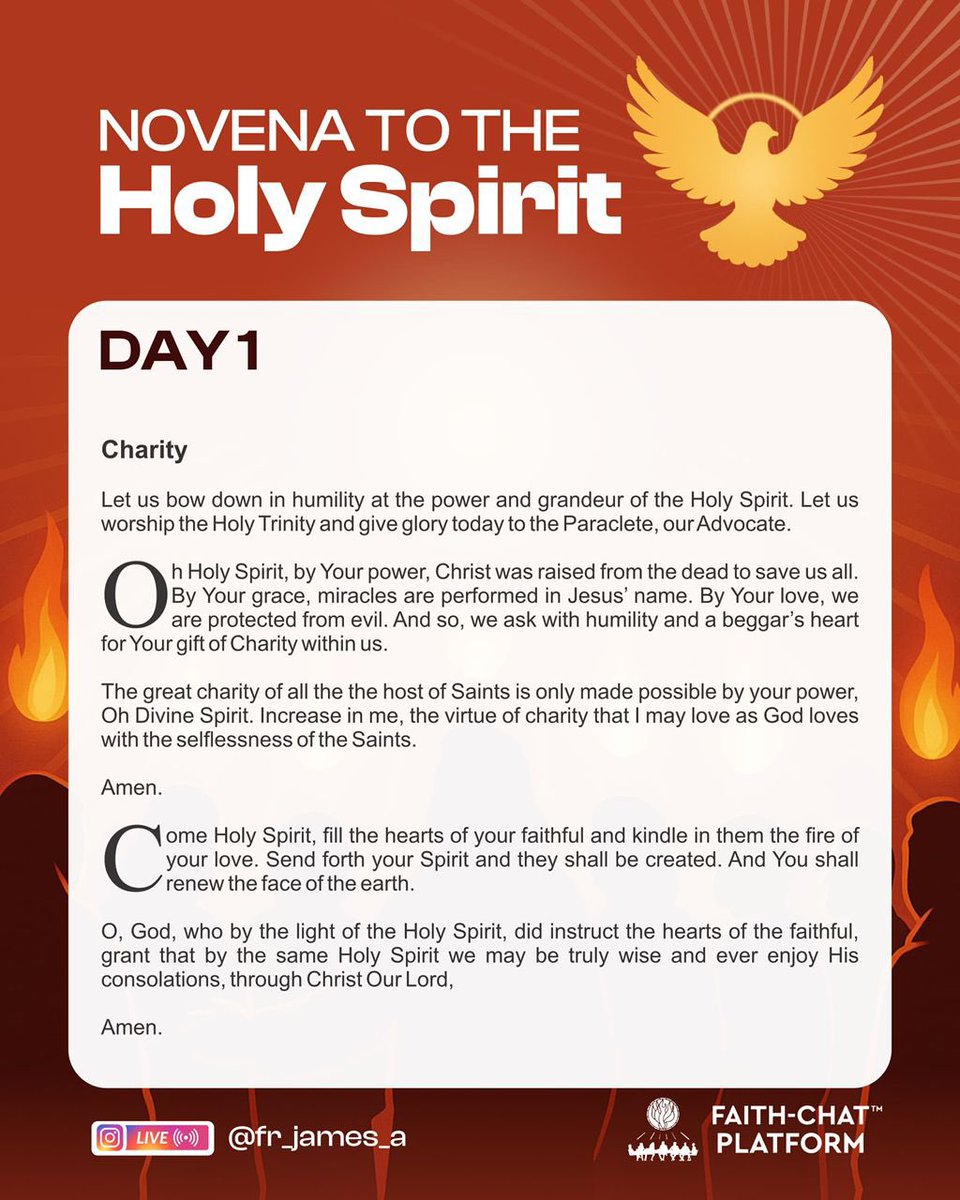 Day 1
Come, Holy Spirit, fill the hearts of your faithful and enkindle in them the fire of your love.
Send forth your Spirit and they shall be created, and You shall renew the face of the earth.

Let us pray:
O, God, who by the light of the Holy Spirit, did instruct the hearts of