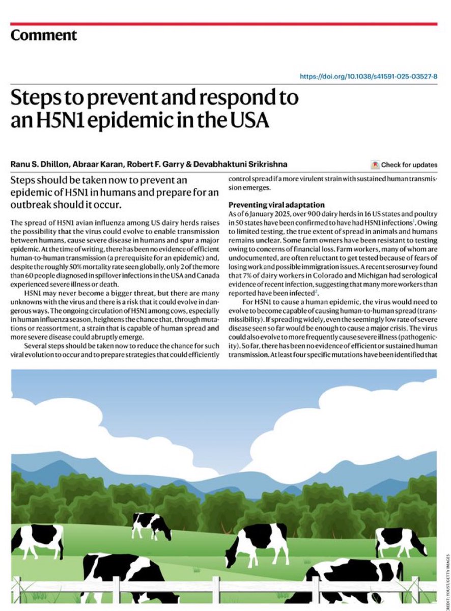 Ranu Dhillon (@ranudhillon) on Twitter photo Especially if we won’t have vaccines, these steps we outline <a href="/NatureMedicine/">Nature Medicine</a> are even more important for preventing & responding to a potential bird flu pandemic
rdcu.be/ea153 Especially if we won’t have vaccines, these steps we outline <a href="/NatureMedicine/">Nature Medicine</a> are even more important for preventing & responding to a potential bird flu pandemic
rdcu.be/ea153