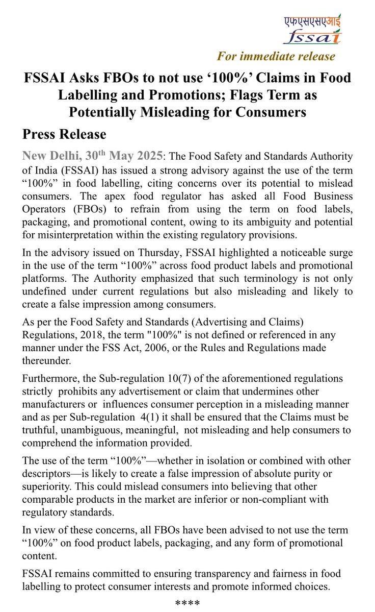 Kavita Bajeli-Datt (@kavitadatt) on Twitter photo Food Safety and Standards Authority of India (FSSAI) has issued a strong advisory against the use of the term “100%” in food labelling, citing concerns over its potential to mislead consumers. <a href="/NewIndianXpress/">The New Indian Express</a> <a href="/TheMornStandard/">TheMorningStandard</a> <a href="/fssaiindia/">FSSAI</a> <a href="/MoHFW_INDIA/">Ministry of Health</a> <a href="/JPNadda/">Jagat Prakash Nadda</a> <a href="/OfficeofJPNadda/">Office of JP Nadda</a> Food Safety and Standards Authority of India (FSSAI) has issued a strong advisory against the use of the term “100%” in food labelling, citing concerns over its potential to mislead consumers. <a href="/NewIndianXpress/">The New Indian Express</a> <a href="/TheMornStandard/">TheMorningStandard</a> <a href="/fssaiindia/">FSSAI</a> <a href="/MoHFW_INDIA/">Ministry of Health</a> <a href="/JPNadda/">Jagat Prakash Nadda</a> <a href="/OfficeofJPNadda/">Office of JP Nadda</a>