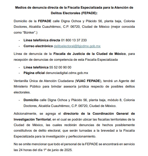 DD03_IECM's tweet photo. Conoce los datos de contacto de la Fiscalía Especializada para la Atención de Delitos Electorales (FEPADE) en caso de que seas testigo de un hecho que pudiera ser Delito Electoral.
#FEPADE
#Elecciones2025
#IECM https://t.co/lhsgIvdmEX