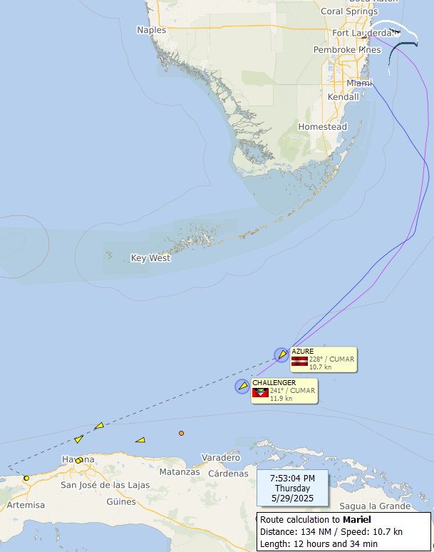 FlconEYES's tweet photo. AZURE 9963023 General Cargo Ship
#Miami-#Mariel - 200 TEU Unidades de contenedores

CHALLENGER 9114787 General Cargo Ship
#FortLauderdale-#Mariel - 390 TEU Unidades de contenedores

El criminal #BloqueoCuba o #EmbargoCuba pero que mantiene llenas las panzas de los parásitos del @PartidoPCC. 

#Now #Cuba #AIS #cubarcos #29May