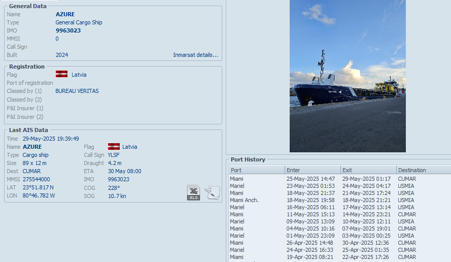 FlconEYES's tweet photo. AZURE 9963023 General Cargo Ship
#Miami-#Mariel - 200 TEU Unidades de contenedores

CHALLENGER 9114787 General Cargo Ship
#FortLauderdale-#Mariel - 390 TEU Unidades de contenedores

El criminal #BloqueoCuba o #EmbargoCuba pero que mantiene llenas las panzas de los parásitos del @PartidoPCC. 

#Now #Cuba #AIS #cubarcos #29May