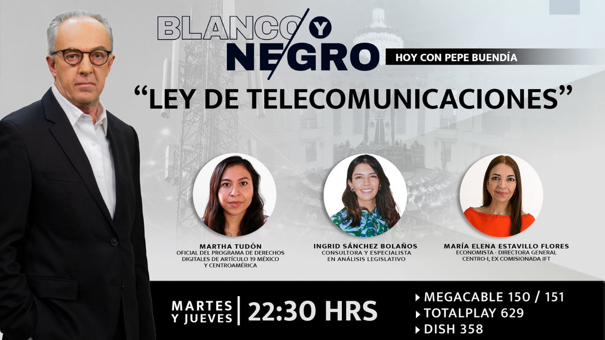 📹🇲🇽📡Ley de telecomunicaciones. El análisis con: <a href="/JoseBuendiaMx/">José Buendía</a>, <a href="/MarthaTdn/">Martha Tudón</a> <a href="/article19mxca/">ARTICLE 19 México y Centroamérica</a>, Ingrid Sánchez Bolaños, @DAsuntopublico y <a href="/elenaestavillo/">elena estavillo</a>, Directora <a href="/CentroiOrg/">centroi_org</a>
📺Hoy 22:30 horas