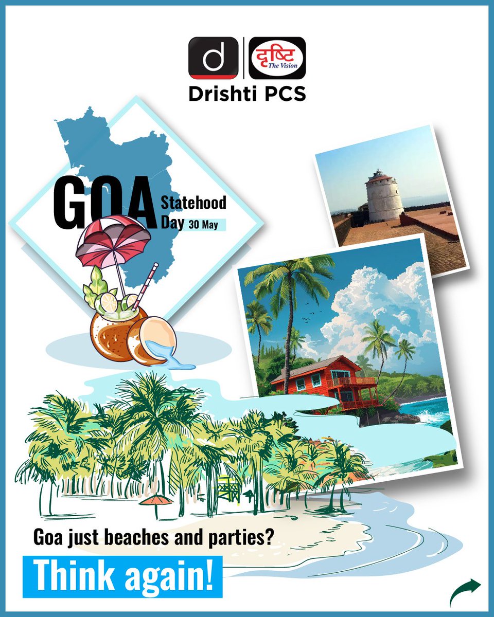 DrishtiPCS's tweet photo. Celebrate the spirit of Goa, a state with a vibrant blend of culture, sport, flavor, and industry! 

#Goastatehoodday #Goastatehoodday2025 #Proudgoa #TogetherforGoa #Goa #LoveforGoa #India #ExploreGoa #DrishtiIAS #DrishtiPCS https://t.co/5l31PemPQc