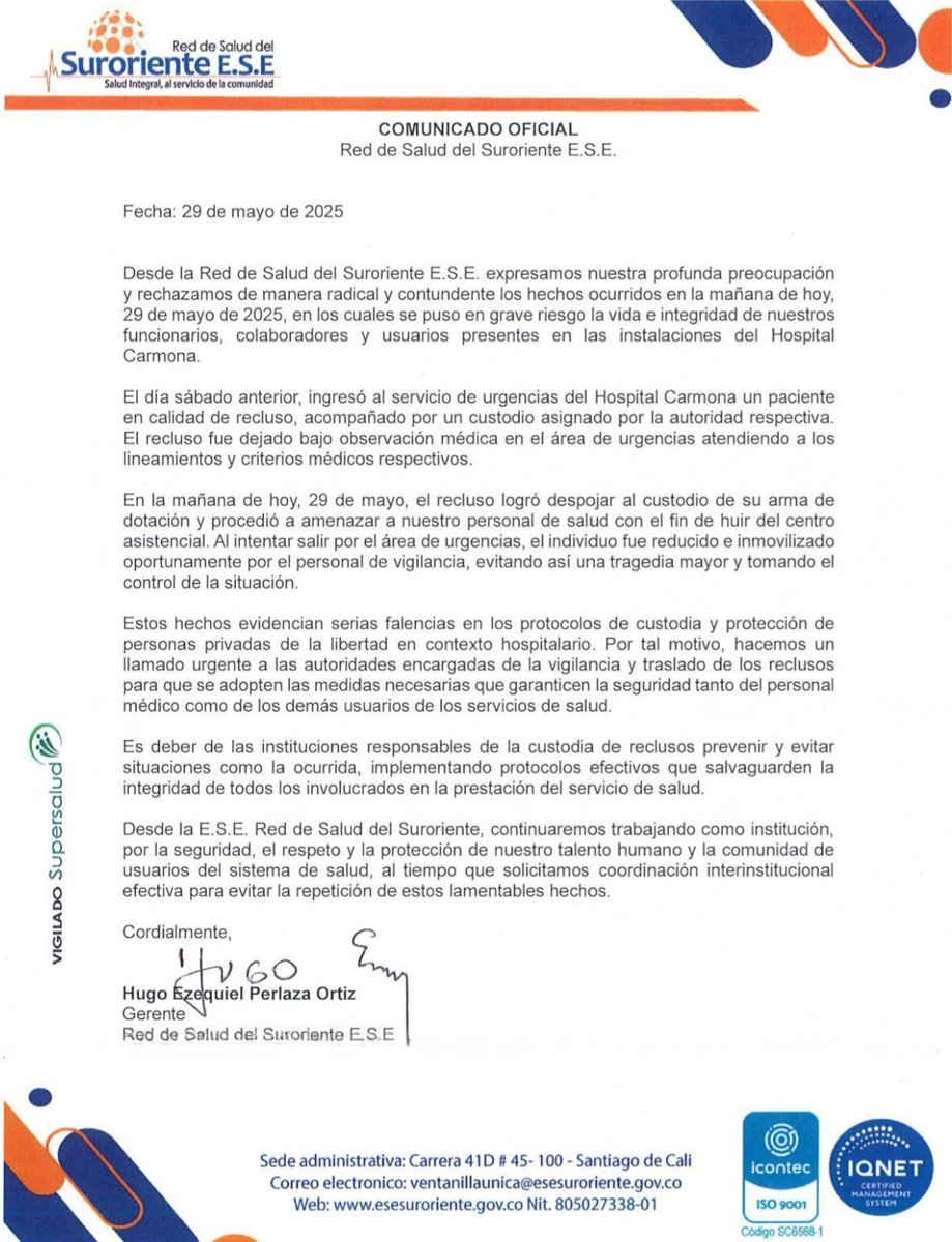 🔵 Comunicado a la Opinión Pública 🔵

Desde La Red de Salud Suroriente hemos emitido un comunicado oficial en relación con los hechos ocurridos recientemente en el Hospital Carlos Carmona Montoya.

#RedDeSaludSuroriente #comunicadooficial #hospitalcarloscarmona  #saludpública