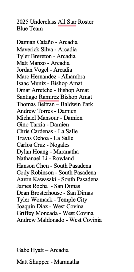 SGVWhitSports's tweet photo. Here are the final rosters for the SGV All-Star Senior and Underclass game on Sunday, June 8th at South Hills HS. Underclass game at 10:00 A.M, Senior game at 1:00 P.M.   @SHBaseball03 https://t.co/hHARLWq8Hs