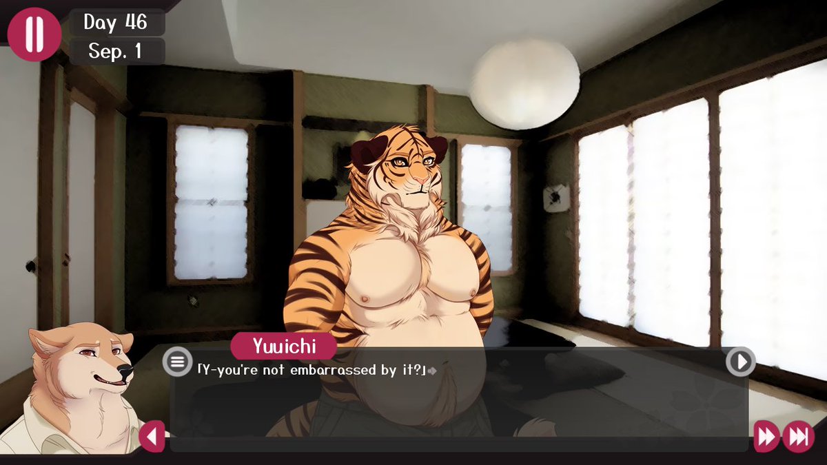 BaskyCase's tweet photo. Being able to have Jun show up without a shirt on after a bath is healing to me... I am healed. All my worries and problems have melted away...  

On the other hand, going back and programming in all the new sprite variations for this update has been a bitch. https://t.co/8rUqogIMqM