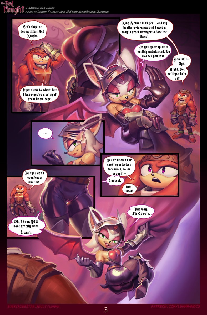 Made with dArtagnyan, here's the page 3 of the comic The Red Knight, based on Sonic &amp; The Black Knight

Featuring Rouge &amp; Knuckles (and Shadow and Blaze too if people allow us to. If you want to contribute to its funding for more additional content with them, let me know)!
