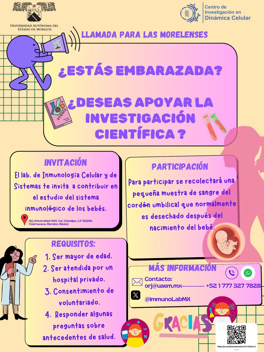 Si estás embarazada, eres de Morelos, y quieres participar en un proyecto de #Investigación #Genómica e #Inmunología #neonatal que se realiza en el laboratorio de Inmunología Celular y de Sistemas del CIDC-UAEM @InmunoMetMX, te estamos buscando.