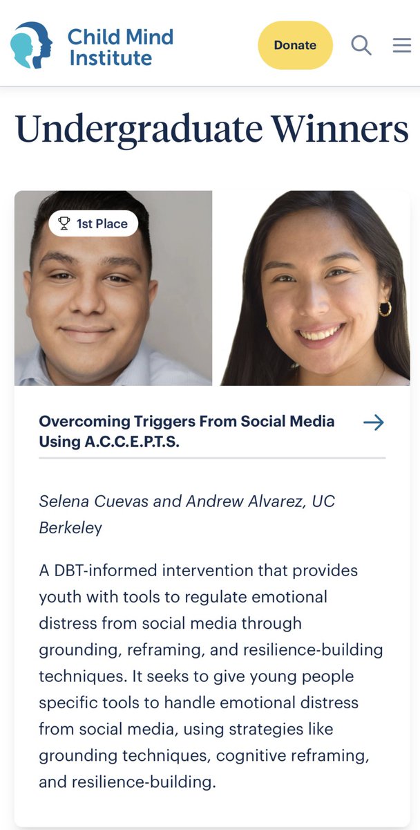 Andrew Alvarez (@andrewalvarez00) on Twitter photo Thrilled to share that Selena Cuevas and I won 1st place in a statewide <a href="/childmindinst/">Child Mind Institute</a> competition for our DBT-informed digital tool helping youth manage social media distress!
Grateful for the $5,000 award and the chance to present this work in Chicago next month! Thrilled to share that Selena Cuevas and I won 1st place in a statewide <a href="/childmindinst/">Child Mind Institute</a> competition for our DBT-informed digital tool helping youth manage social media distress!
Grateful for the $5,000 award and the chance to present this work in Chicago next month!